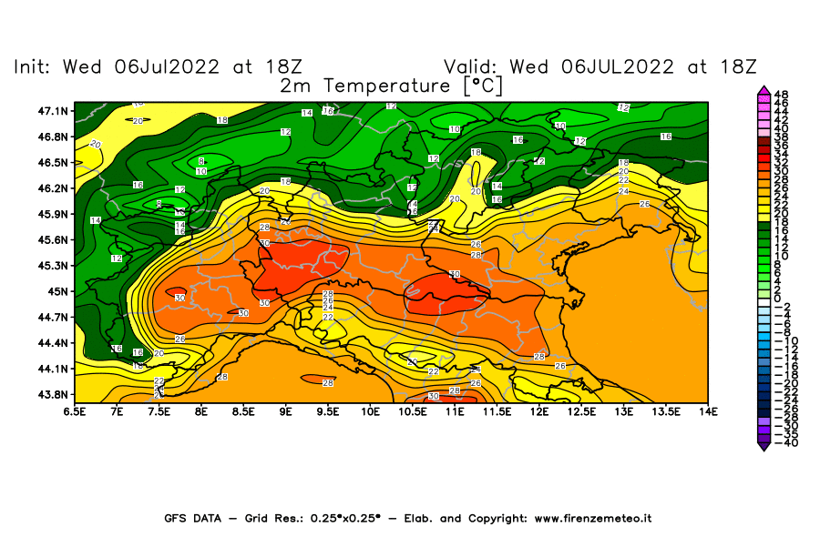 GFS analysi map - Temperature at 2 m above ground [°C] in Northern Italy
									on 06/07/2022 18 <!--googleoff: index-->UTC<!--googleon: index-->
