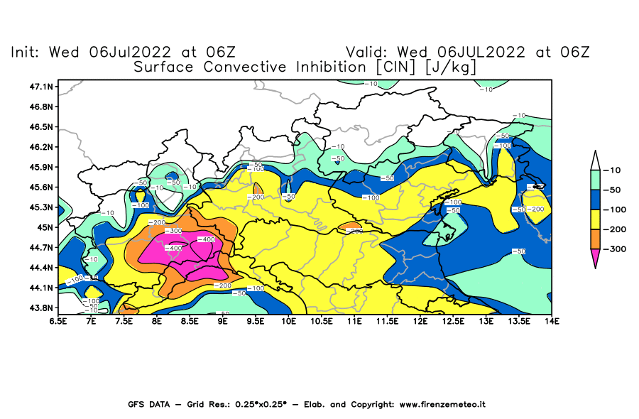 GFS analysi map - CIN [J/kg] in Northern Italy
									on 06/07/2022 06 <!--googleoff: index-->UTC<!--googleon: index-->