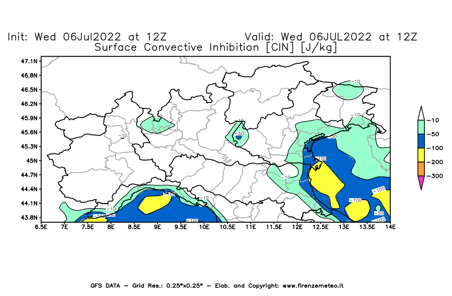 GFS analysi map - CIN [J/kg] in Northern Italy
									on 06/07/2022 12 <!--googleoff: index-->UTC<!--googleon: index-->