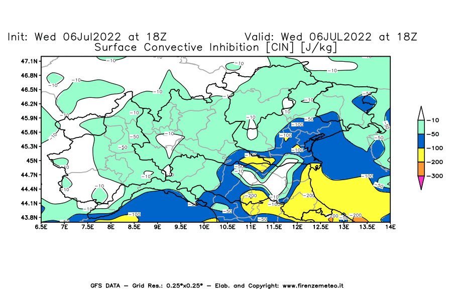 GFS analysi map - CIN [J/kg] in Northern Italy
									on 06/07/2022 18 <!--googleoff: index-->UTC<!--googleon: index-->