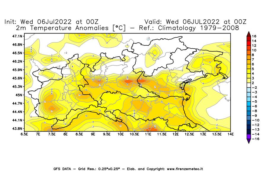 GFS analysi map - Temperature Anomalies [°C] at 2 m in Northern Italy
									on 06/07/2022 00 <!--googleoff: index-->UTC<!--googleon: index-->