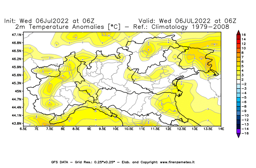 GFS analysi map - Temperature Anomalies [°C] at 2 m in Northern Italy
									on 06/07/2022 06 <!--googleoff: index-->UTC<!--googleon: index-->