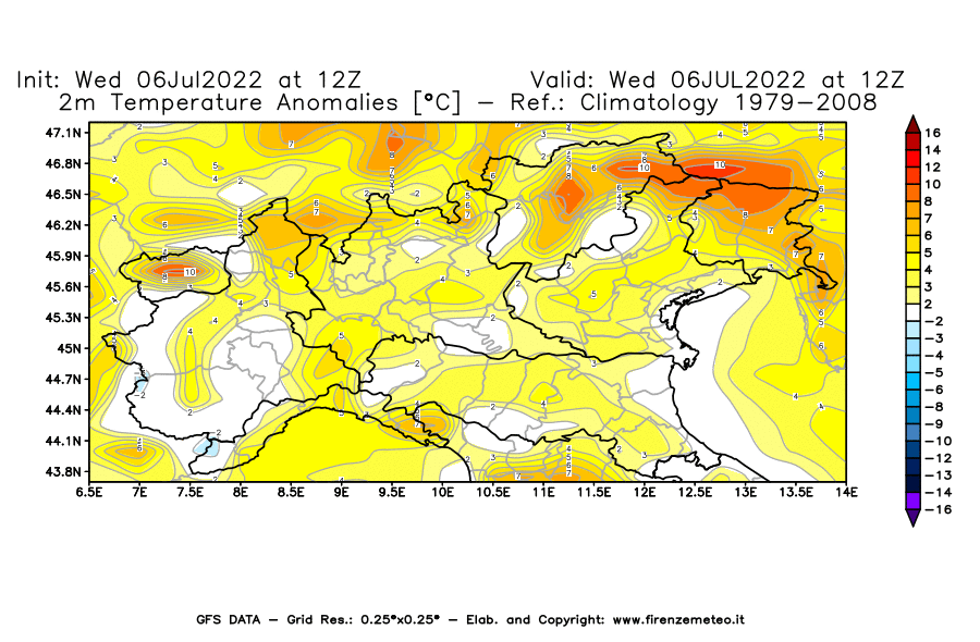 GFS analysi map - Temperature Anomalies [°C] at 2 m in Northern Italy
									on 06/07/2022 12 <!--googleoff: index-->UTC<!--googleon: index-->