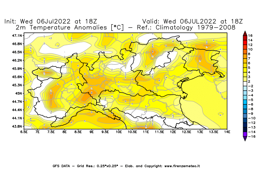 GFS analysi map - Temperature Anomalies [°C] at 2 m in Northern Italy
									on 06/07/2022 18 <!--googleoff: index-->UTC<!--googleon: index-->