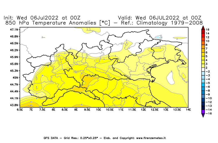 GFS analysi map - Temperature Anomalies [°C] at 850 hPa in Northern Italy
									on 06/07/2022 00 <!--googleoff: index-->UTC<!--googleon: index-->