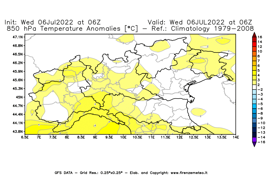 GFS analysi map - Temperature Anomalies [°C] at 850 hPa in Northern Italy
									on 06/07/2022 06 <!--googleoff: index-->UTC<!--googleon: index-->