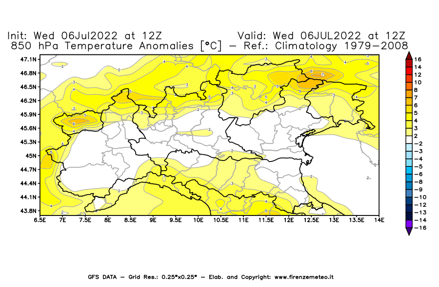 GFS analysi map - Temperature Anomalies [°C] at 850 hPa in Northern Italy
									on 06/07/2022 12 <!--googleoff: index-->UTC<!--googleon: index-->