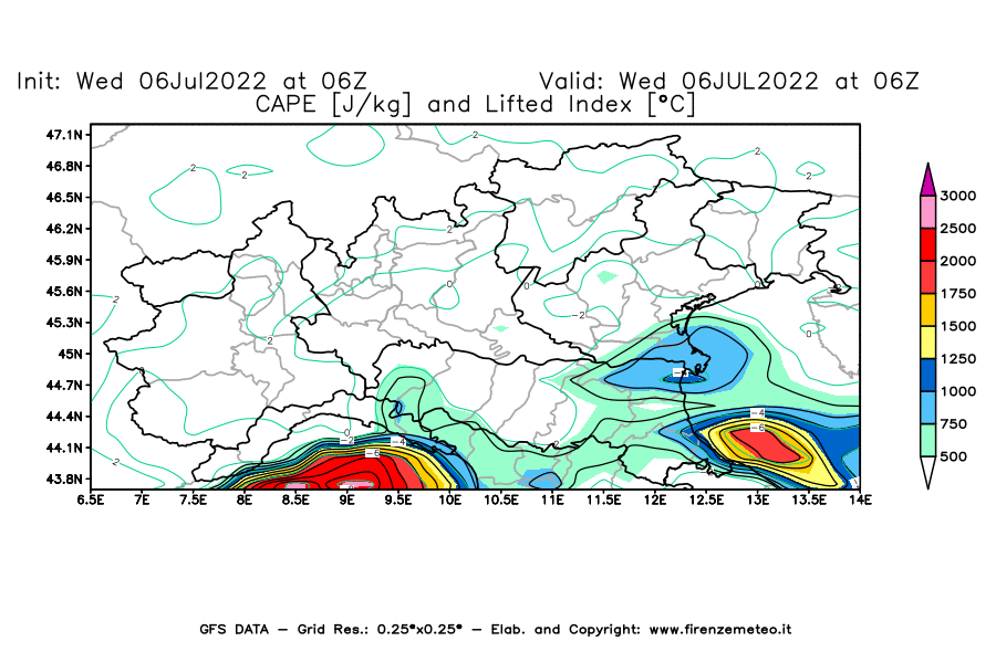 GFS analysi map - CAPE [J/kg] and Lifted Index [°C] in Northern Italy
									on 06/07/2022 06 <!--googleoff: index-->UTC<!--googleon: index-->