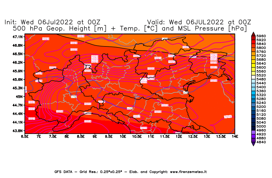 GFS analysi map - Geopotential [m] + Temp. [°C] at 500 hPa + Sea Level Pressure [hPa] in Northern Italy
									on 06/07/2022 00 <!--googleoff: index-->UTC<!--googleon: index-->