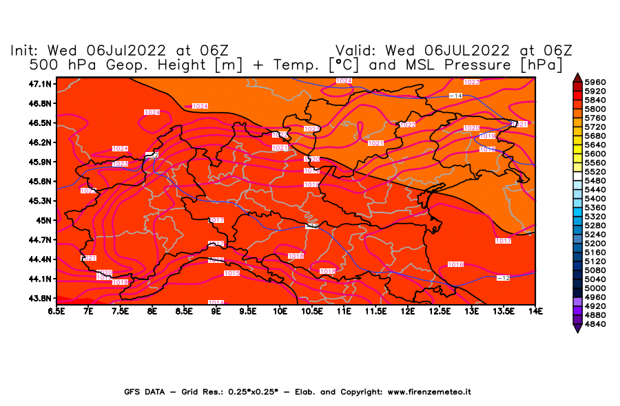 GFS analysi map - Geopotential [m] + Temp. [°C] at 500 hPa + Sea Level Pressure [hPa] in Northern Italy
									on 06/07/2022 06 <!--googleoff: index-->UTC<!--googleon: index-->