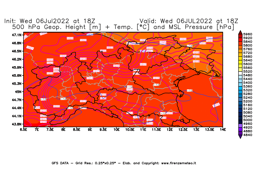 GFS analysi map - Geopotential [m] + Temp. [°C] at 500 hPa + Sea Level Pressure [hPa] in Northern Italy
									on 06/07/2022 18 <!--googleoff: index-->UTC<!--googleon: index-->