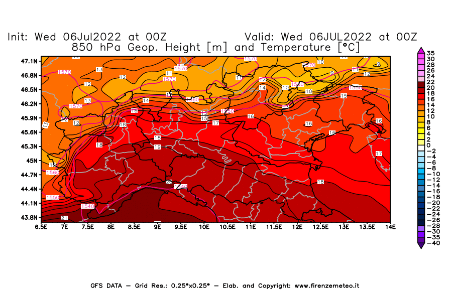 GFS analysi map - Geopotential [m] and Temperature [°C] at 850 hPa in Northern Italy
									on 06/07/2022 00 <!--googleoff: index-->UTC<!--googleon: index-->