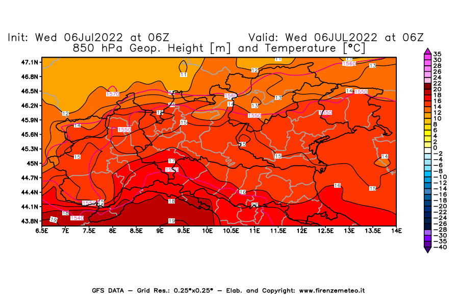 GFS analysi map - Geopotential [m] and Temperature [°C] at 850 hPa in Northern Italy
									on 06/07/2022 06 <!--googleoff: index-->UTC<!--googleon: index-->