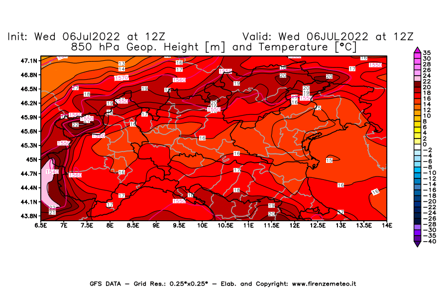 GFS analysi map - Geopotential [m] and Temperature [°C] at 850 hPa in Northern Italy
									on 06/07/2022 12 <!--googleoff: index-->UTC<!--googleon: index-->