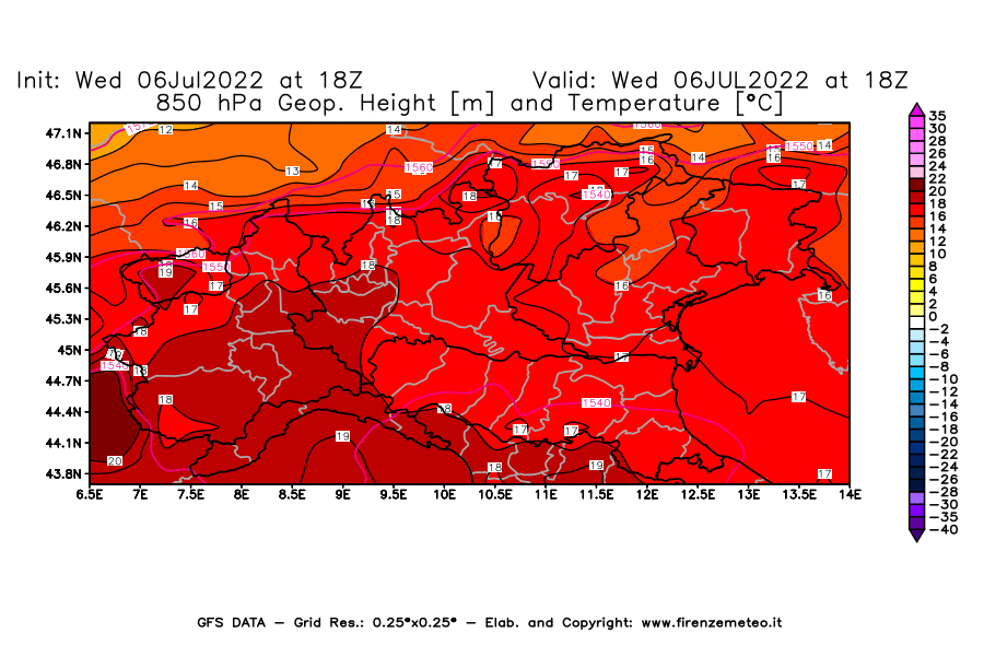 GFS analysi map - Geopotential [m] and Temperature [°C] at 850 hPa in Northern Italy
									on 06/07/2022 18 <!--googleoff: index-->UTC<!--googleon: index-->