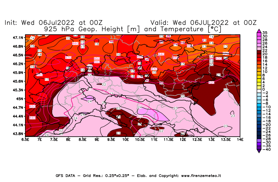 GFS analysi map - Geopotential [m] and Temperature [°C] at 925 hPa in Northern Italy
									on 06/07/2022 00 <!--googleoff: index-->UTC<!--googleon: index-->