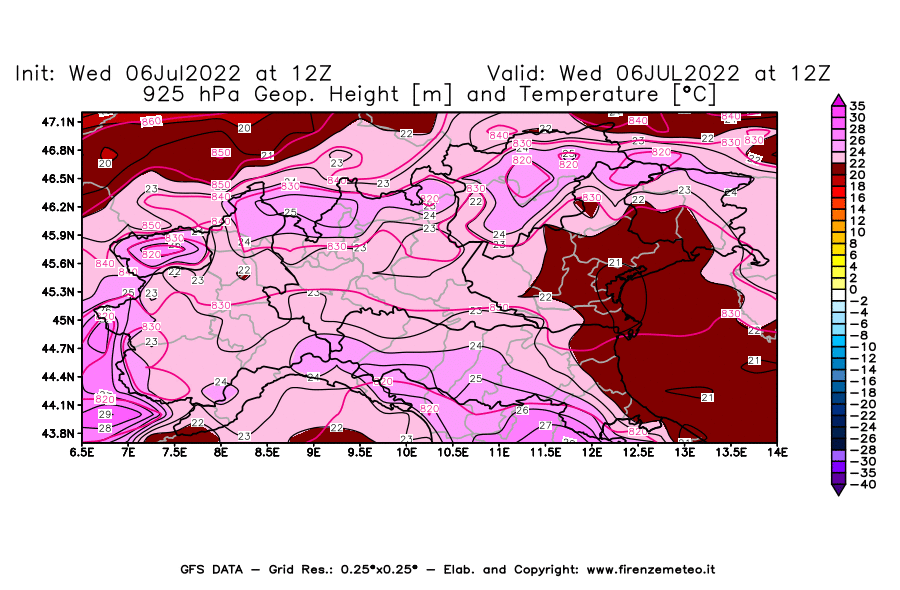 GFS analysi map - Geopotential [m] and Temperature [°C] at 925 hPa in Northern Italy
									on 06/07/2022 12 <!--googleoff: index-->UTC<!--googleon: index-->
