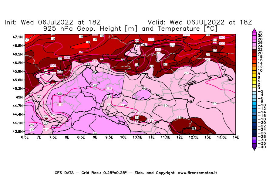 GFS analysi map - Geopotential [m] and Temperature [°C] at 925 hPa in Northern Italy
									on 06/07/2022 18 <!--googleoff: index-->UTC<!--googleon: index-->