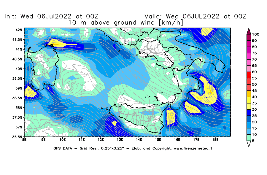 GFS analysi map - Wind Speed at 10 m above ground [km/h] in Southern Italy
									on 06/07/2022 00 <!--googleoff: index-->UTC<!--googleon: index-->