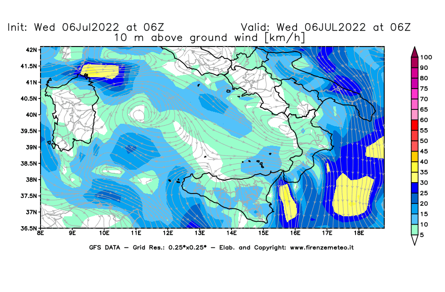 GFS analysi map - Wind Speed at 10 m above ground [km/h] in Southern Italy
									on 06/07/2022 06 <!--googleoff: index-->UTC<!--googleon: index-->