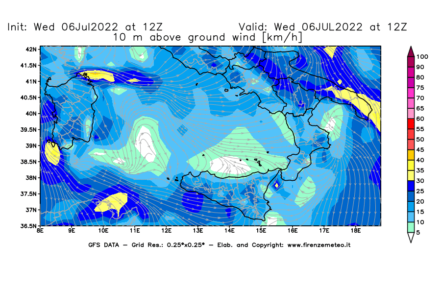 GFS analysi map - Wind Speed at 10 m above ground [km/h] in Southern Italy
									on 06/07/2022 12 <!--googleoff: index-->UTC<!--googleon: index-->