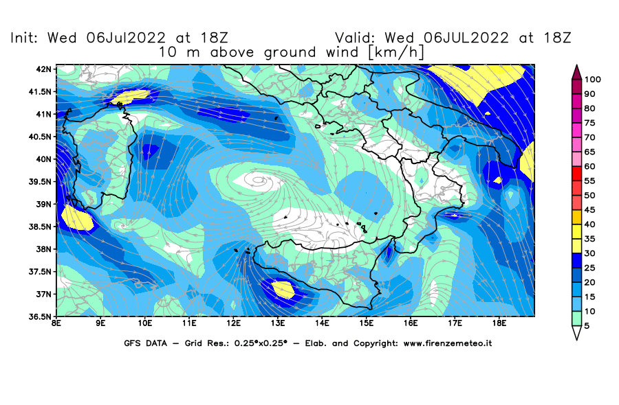 GFS analysi map - Wind Speed at 10 m above ground [km/h] in Southern Italy
									on 06/07/2022 18 <!--googleoff: index-->UTC<!--googleon: index-->