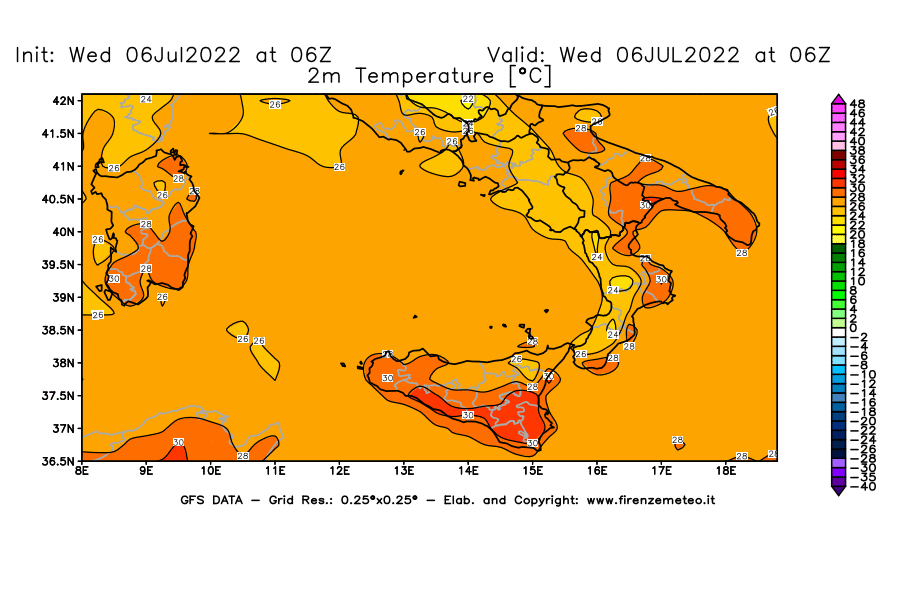 GFS analysi map - Temperature at 2 m above ground [°C] in Southern Italy
									on 06/07/2022 06 <!--googleoff: index-->UTC<!--googleon: index-->