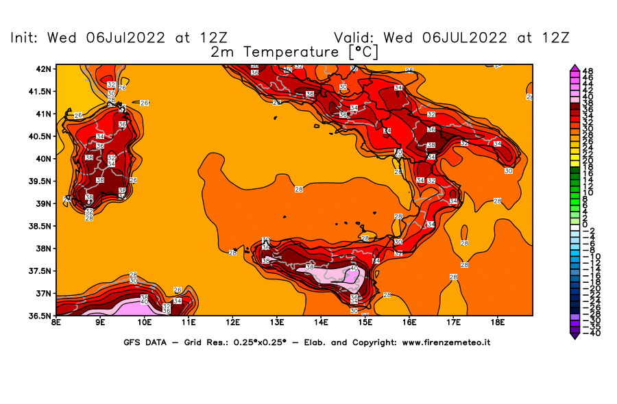 GFS analysi map - Temperature at 2 m above ground [°C] in Southern Italy
									on 06/07/2022 12 <!--googleoff: index-->UTC<!--googleon: index-->