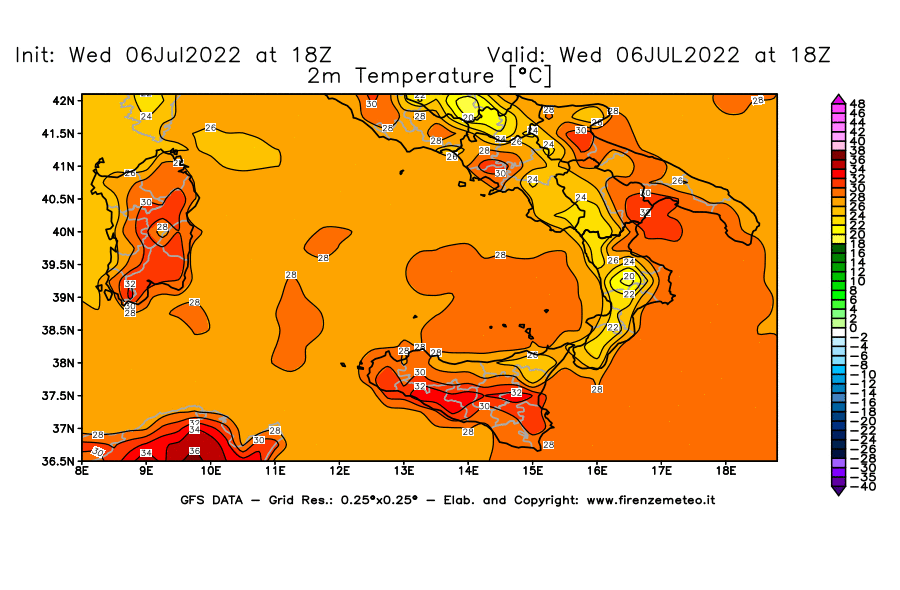 GFS analysi map - Temperature at 2 m above ground [°C] in Southern Italy
									on 06/07/2022 18 <!--googleoff: index-->UTC<!--googleon: index-->