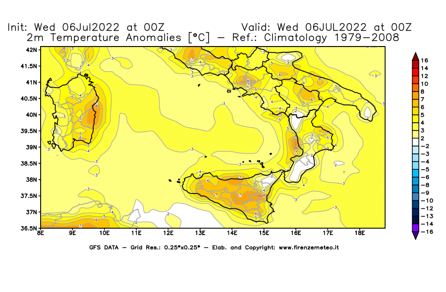 GFS analysi map - Temperature Anomalies [°C] at 2 m in Southern Italy
									on 06/07/2022 00 <!--googleoff: index-->UTC<!--googleon: index-->
