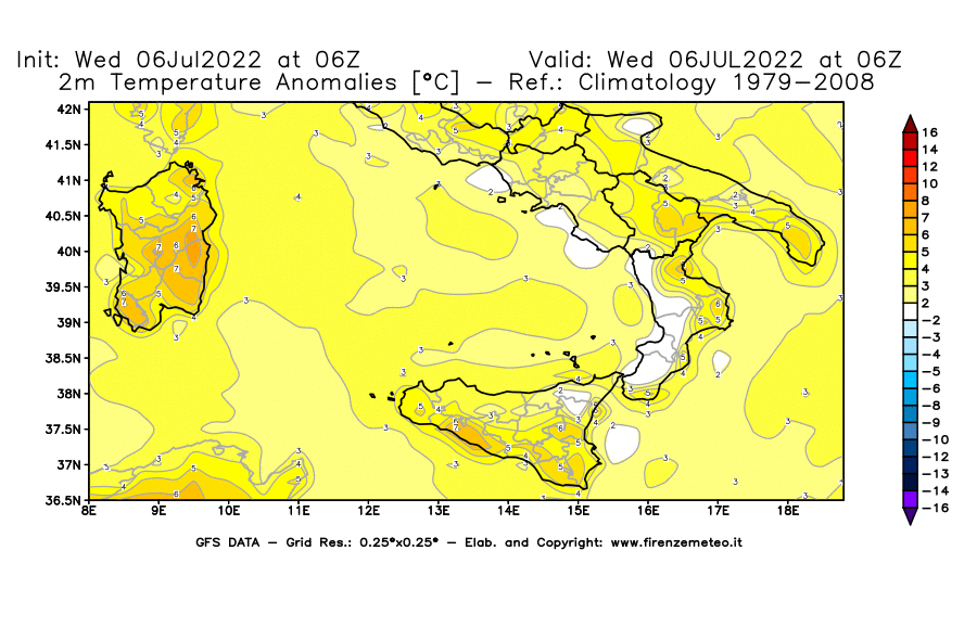 GFS analysi map - Temperature Anomalies [°C] at 2 m in Southern Italy
									on 06/07/2022 06 <!--googleoff: index-->UTC<!--googleon: index-->