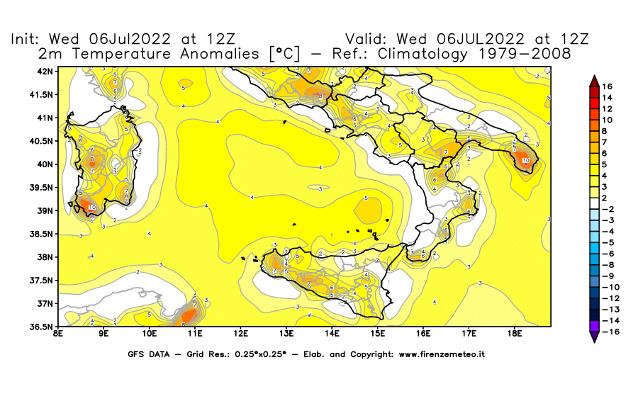 GFS analysi map - Temperature Anomalies [°C] at 2 m in Southern Italy
									on 06/07/2022 12 <!--googleoff: index-->UTC<!--googleon: index-->