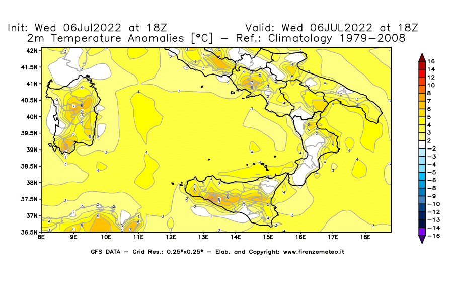 GFS analysi map - Temperature Anomalies [°C] at 2 m in Southern Italy
									on 06/07/2022 18 <!--googleoff: index-->UTC<!--googleon: index-->