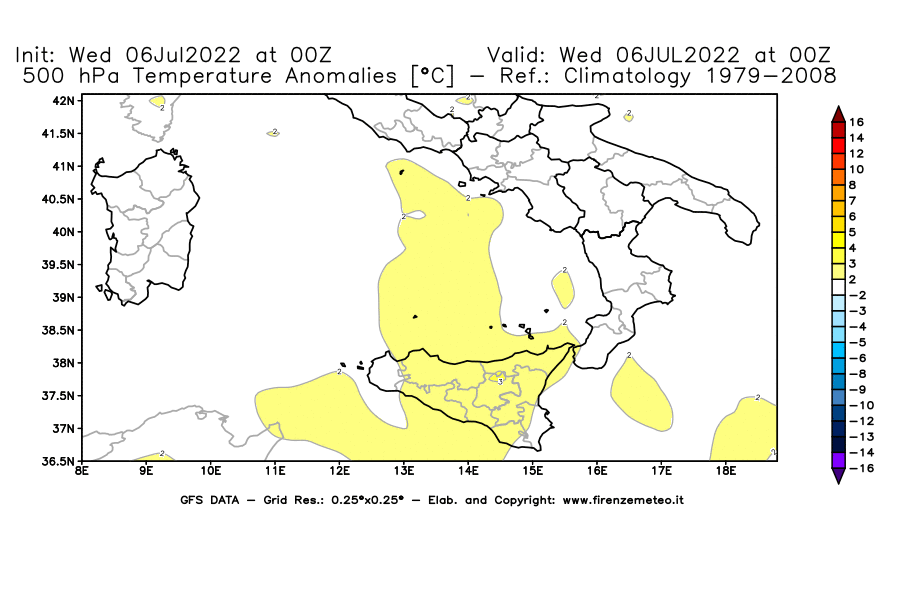 GFS analysi map - Temperature Anomalies [°C] at 500 hPa in Southern Italy
									on 06/07/2022 00 <!--googleoff: index-->UTC<!--googleon: index-->