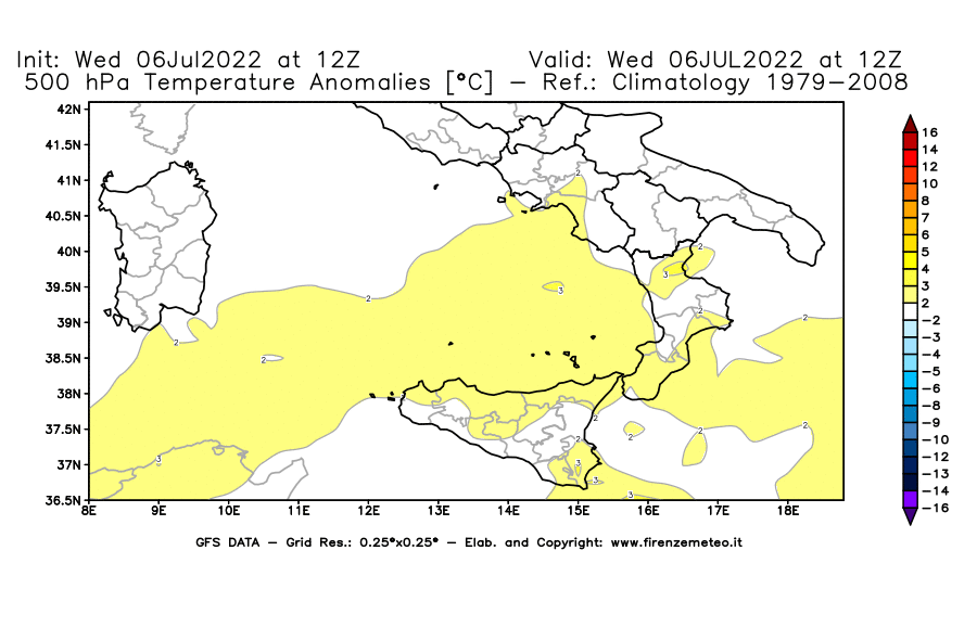 GFS analysi map - Temperature Anomalies [°C] at 500 hPa in Southern Italy
									on 06/07/2022 12 <!--googleoff: index-->UTC<!--googleon: index-->