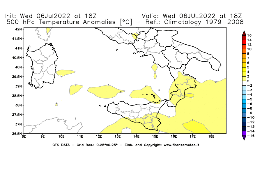 GFS analysi map - Temperature Anomalies [°C] at 500 hPa in Southern Italy
									on 06/07/2022 18 <!--googleoff: index-->UTC<!--googleon: index-->