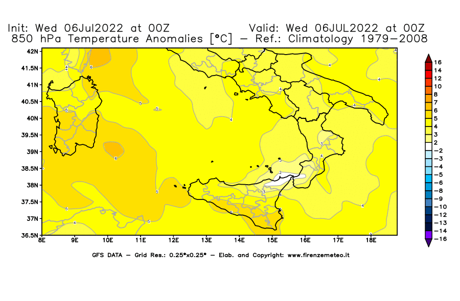 GFS analysi map - Temperature Anomalies [°C] at 850 hPa in Southern Italy
									on 06/07/2022 00 <!--googleoff: index-->UTC<!--googleon: index-->
