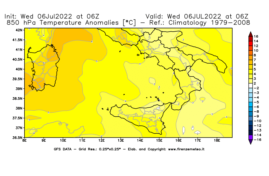 GFS analysi map - Temperature Anomalies [°C] at 850 hPa in Southern Italy
									on 06/07/2022 06 <!--googleoff: index-->UTC<!--googleon: index-->