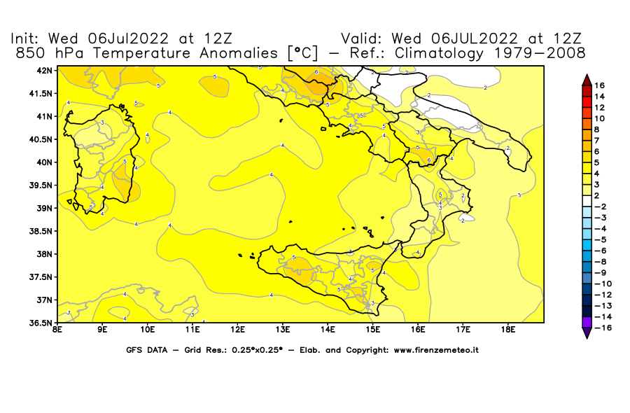 GFS analysi map - Temperature Anomalies [°C] at 850 hPa in Southern Italy
									on 06/07/2022 12 <!--googleoff: index-->UTC<!--googleon: index-->