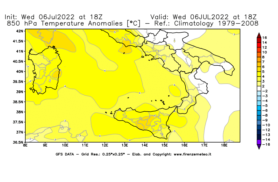 GFS analysi map - Temperature Anomalies [°C] at 850 hPa in Southern Italy
									on 06/07/2022 18 <!--googleoff: index-->UTC<!--googleon: index-->