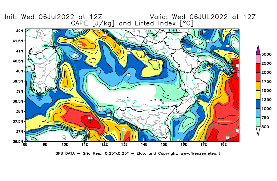 GFS analysi map - CAPE [J/kg] and Lifted Index [°C] in Southern Italy
									on 06/07/2022 12 <!--googleoff: index-->UTC<!--googleon: index-->