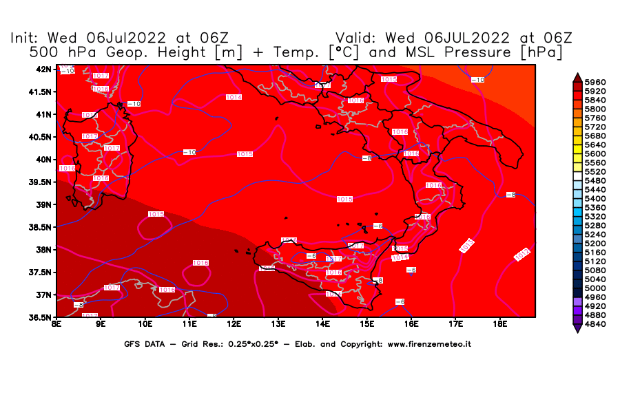 GFS analysi map - Geopotential [m] + Temp. [°C] at 500 hPa + Sea Level Pressure [hPa] in Southern Italy
									on 06/07/2022 06 <!--googleoff: index-->UTC<!--googleon: index-->
