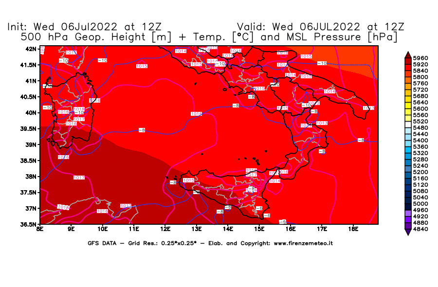 GFS analysi map - Geopotential [m] + Temp. [°C] at 500 hPa + Sea Level Pressure [hPa] in Southern Italy
									on 06/07/2022 12 <!--googleoff: index-->UTC<!--googleon: index-->