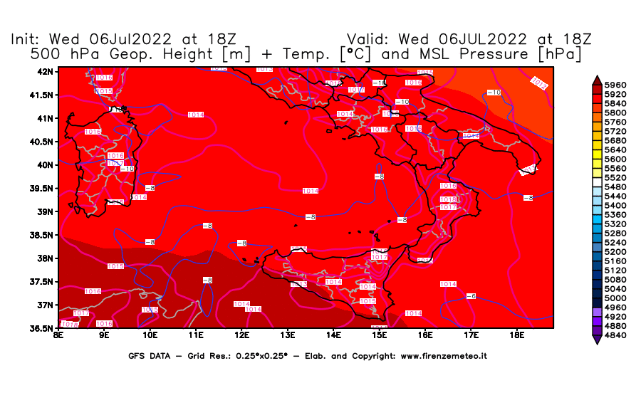 GFS analysi map - Geopotential [m] + Temp. [°C] at 500 hPa + Sea Level Pressure [hPa] in Southern Italy
									on 06/07/2022 18 <!--googleoff: index-->UTC<!--googleon: index-->