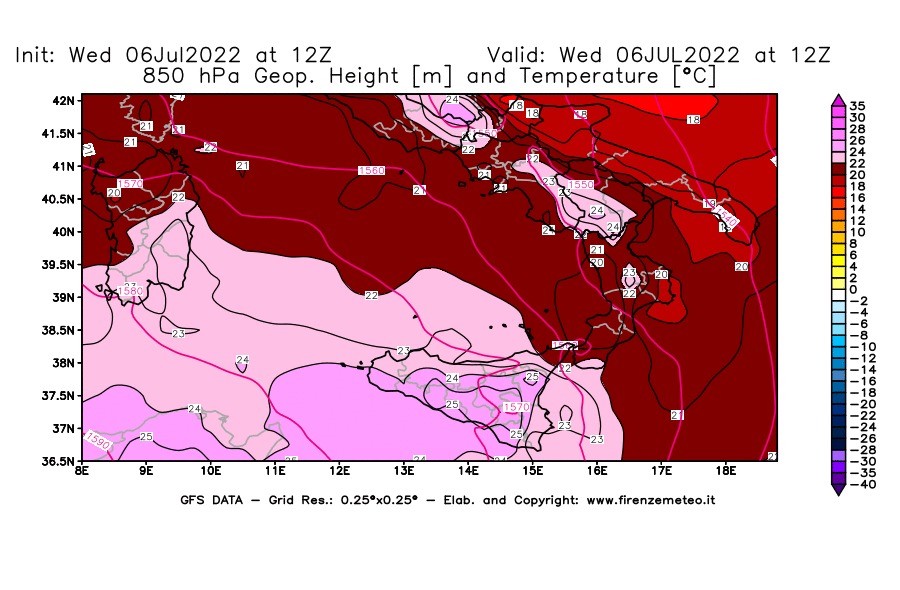 GFS analysi map - Geopotential [m] and Temperature [°C] at 850 hPa in Southern Italy
									on 06/07/2022 12 <!--googleoff: index-->UTC<!--googleon: index-->