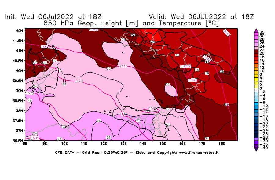 GFS analysi map - Geopotential [m] and Temperature [°C] at 850 hPa in Southern Italy
									on 06/07/2022 18 <!--googleoff: index-->UTC<!--googleon: index-->