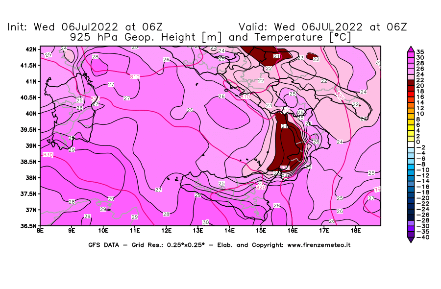 GFS analysi map - Geopotential [m] and Temperature [°C] at 925 hPa in Southern Italy
									on 06/07/2022 06 <!--googleoff: index-->UTC<!--googleon: index-->
