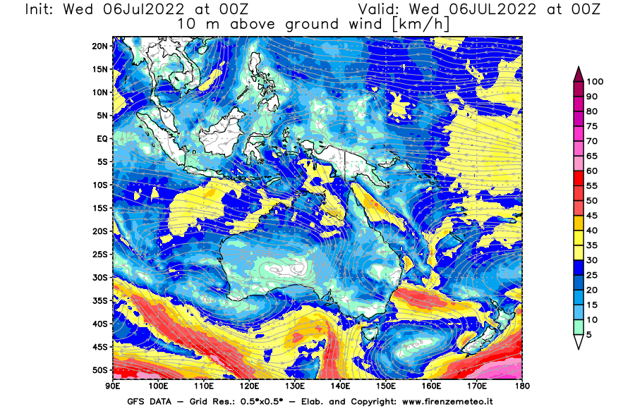 GFS analysi map - Wind Speed at 10 m above ground [km/h] in Oceania
									on 06/07/2022 00 <!--googleoff: index-->UTC<!--googleon: index-->