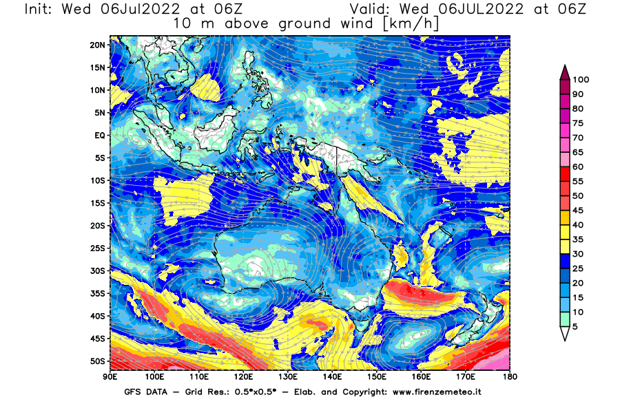 GFS analysi map - Wind Speed at 10 m above ground [km/h] in Oceania
									on 06/07/2022 06 <!--googleoff: index-->UTC<!--googleon: index-->