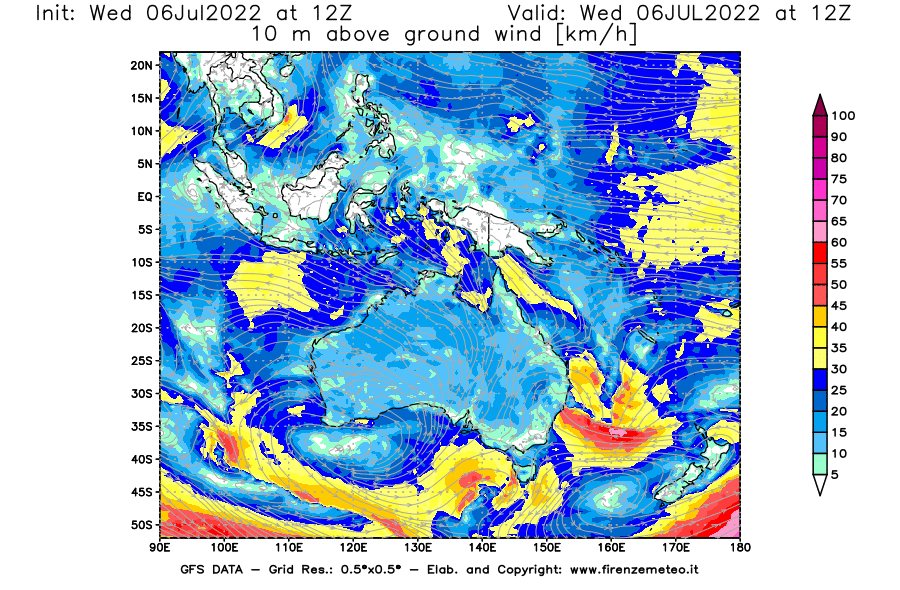 GFS analysi map - Wind Speed at 10 m above ground [km/h] in Oceania
									on 06/07/2022 12 <!--googleoff: index-->UTC<!--googleon: index-->